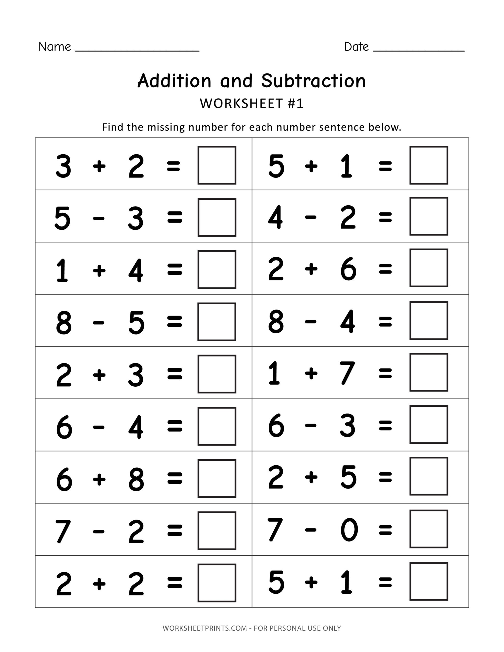 Addition And Subtraction Worksheets