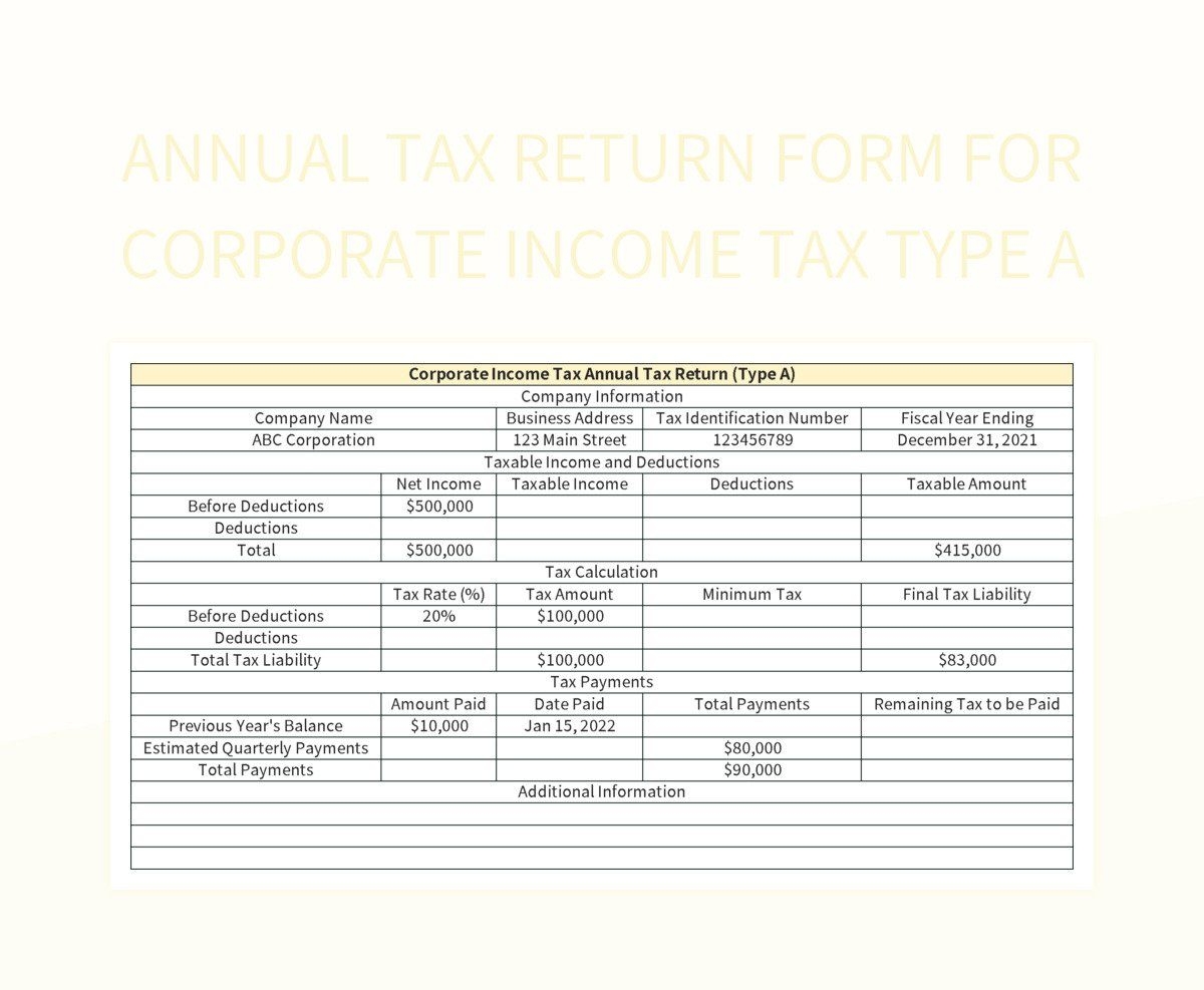 Annual Tax Return Form For Corporate Income Tax Type A Excel 