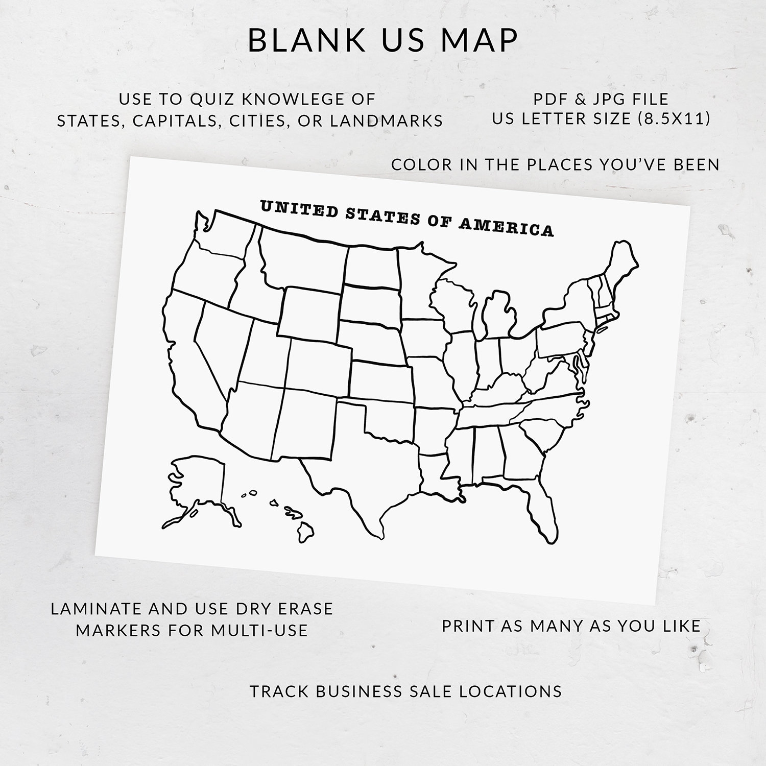 Blank USA State Map United States Geography Printable PDF U0026 JPG 
