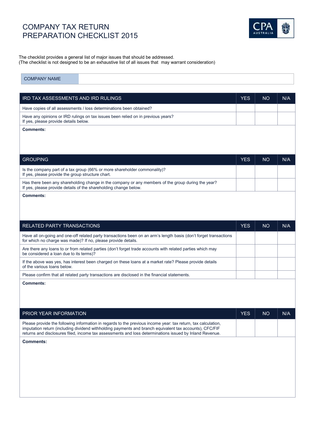 Company Income Tax Checklist 2015