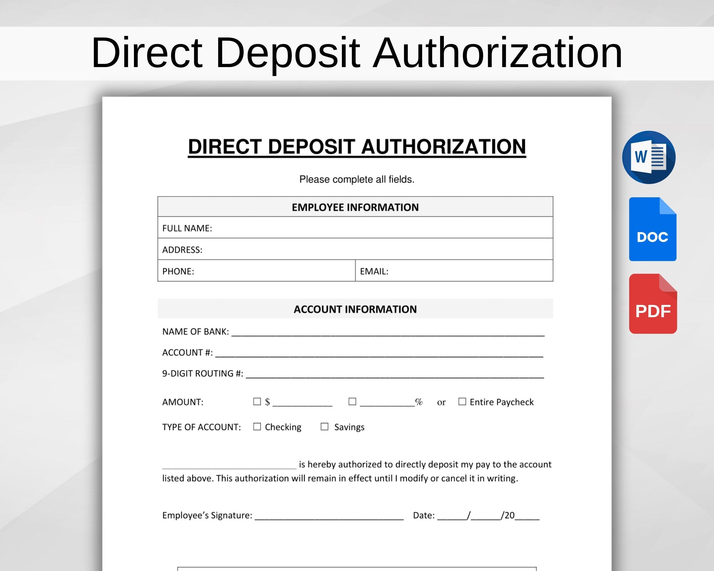 Direct Deposit Authorization Printable Employee Direct Deposit 