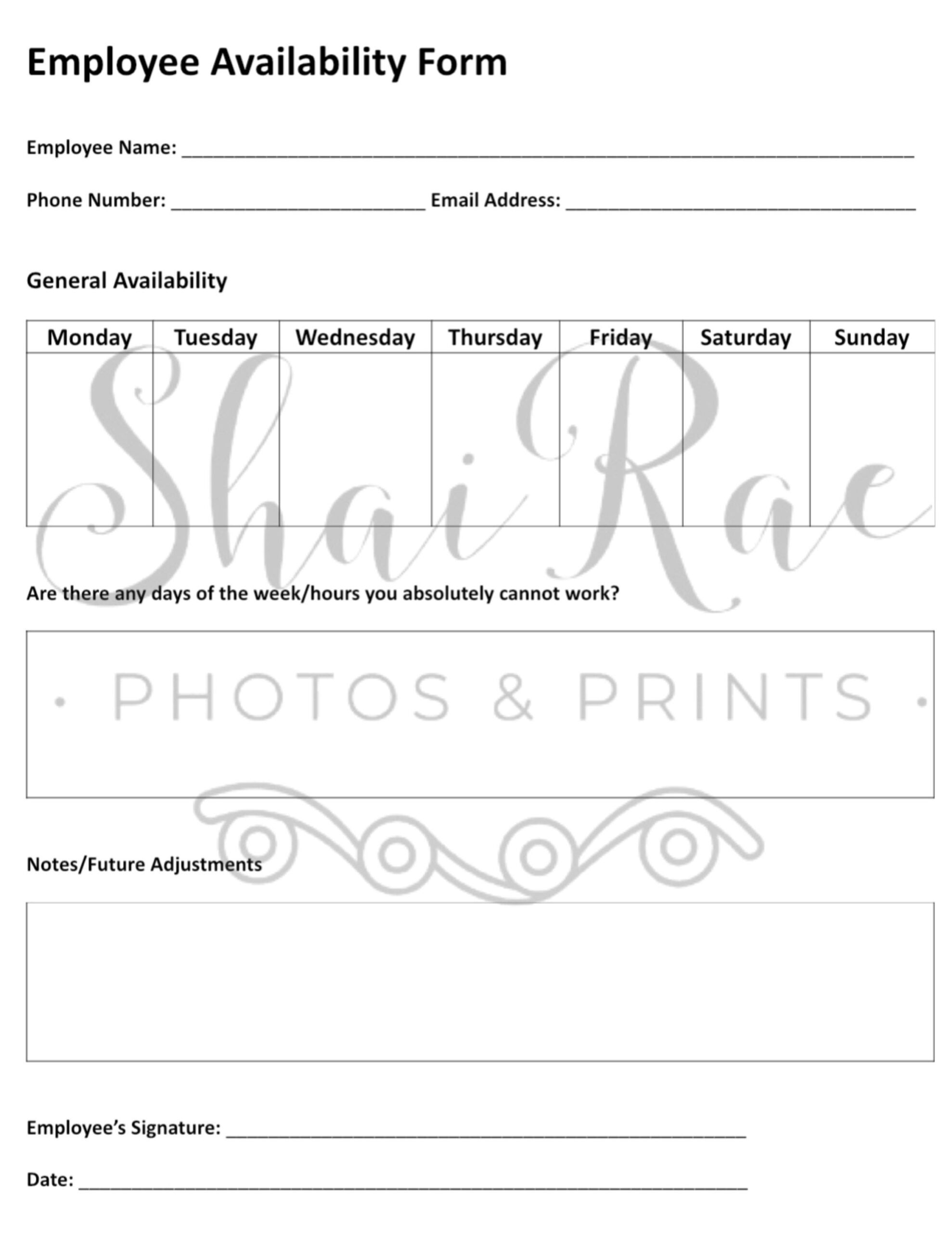 Employee Availability Form Etsy