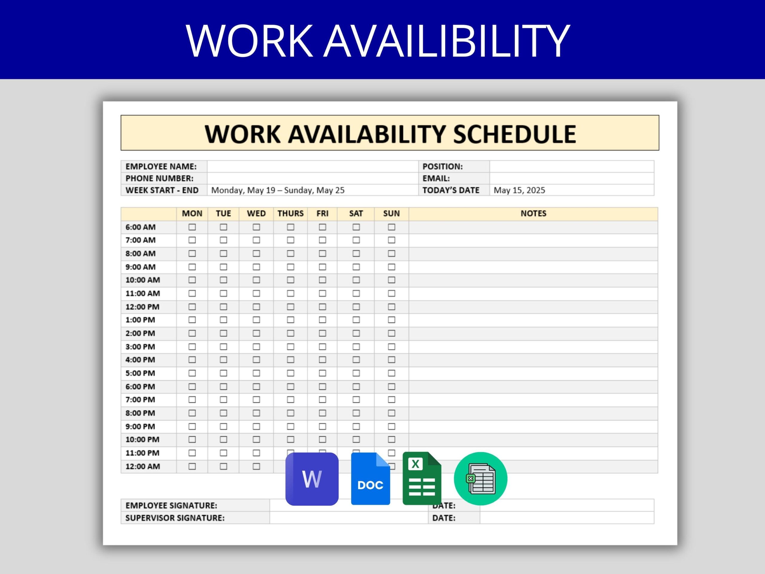 Employee Availability Form Shift Schedule Template Work Availability Sheet Excel Word Google Sheets And Docs Scheduling Weekly Etsy Canada