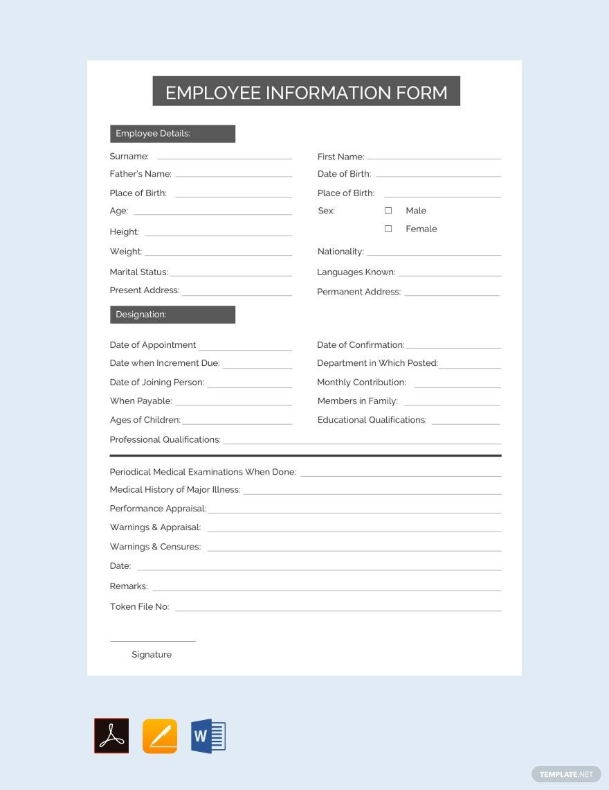 Employee Information Form Template In PDF Pages Word Google 