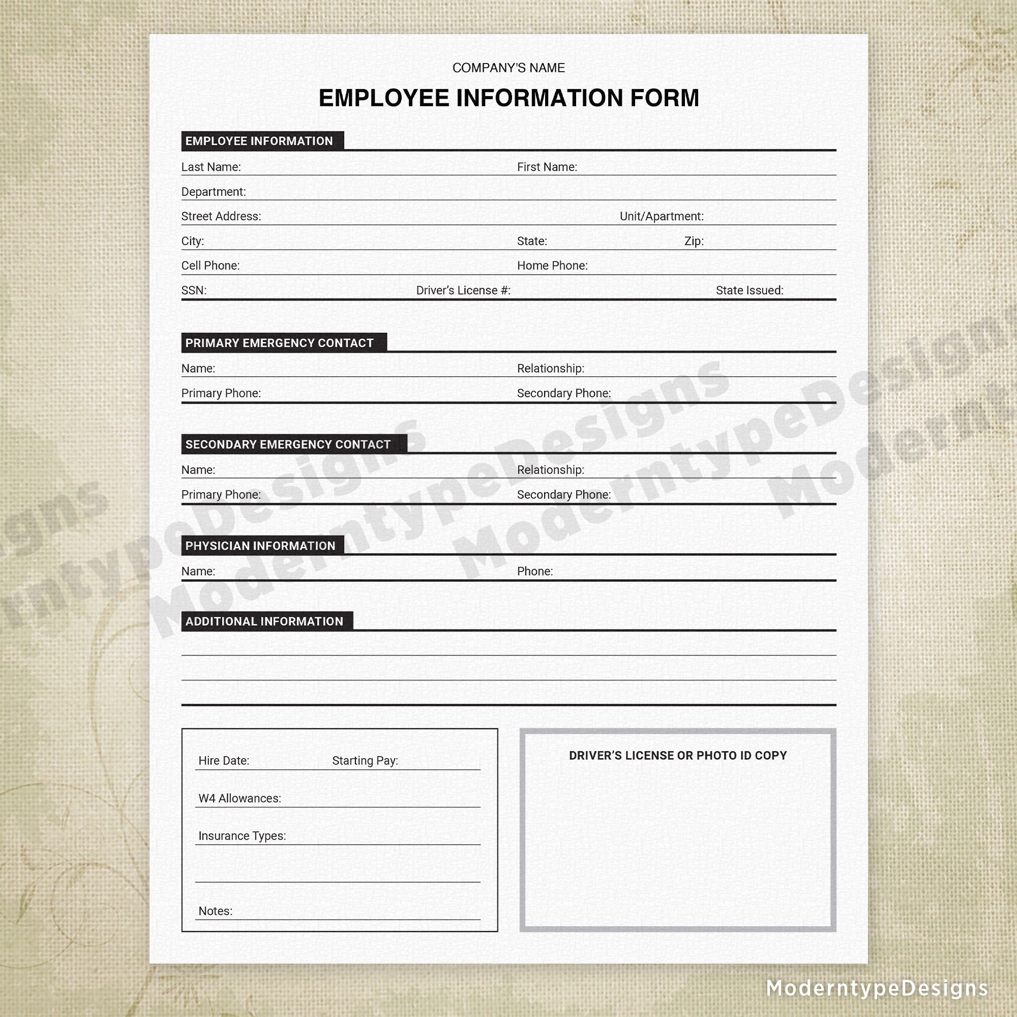 Employee Information Printable Form New Hire Sheet Digital File 