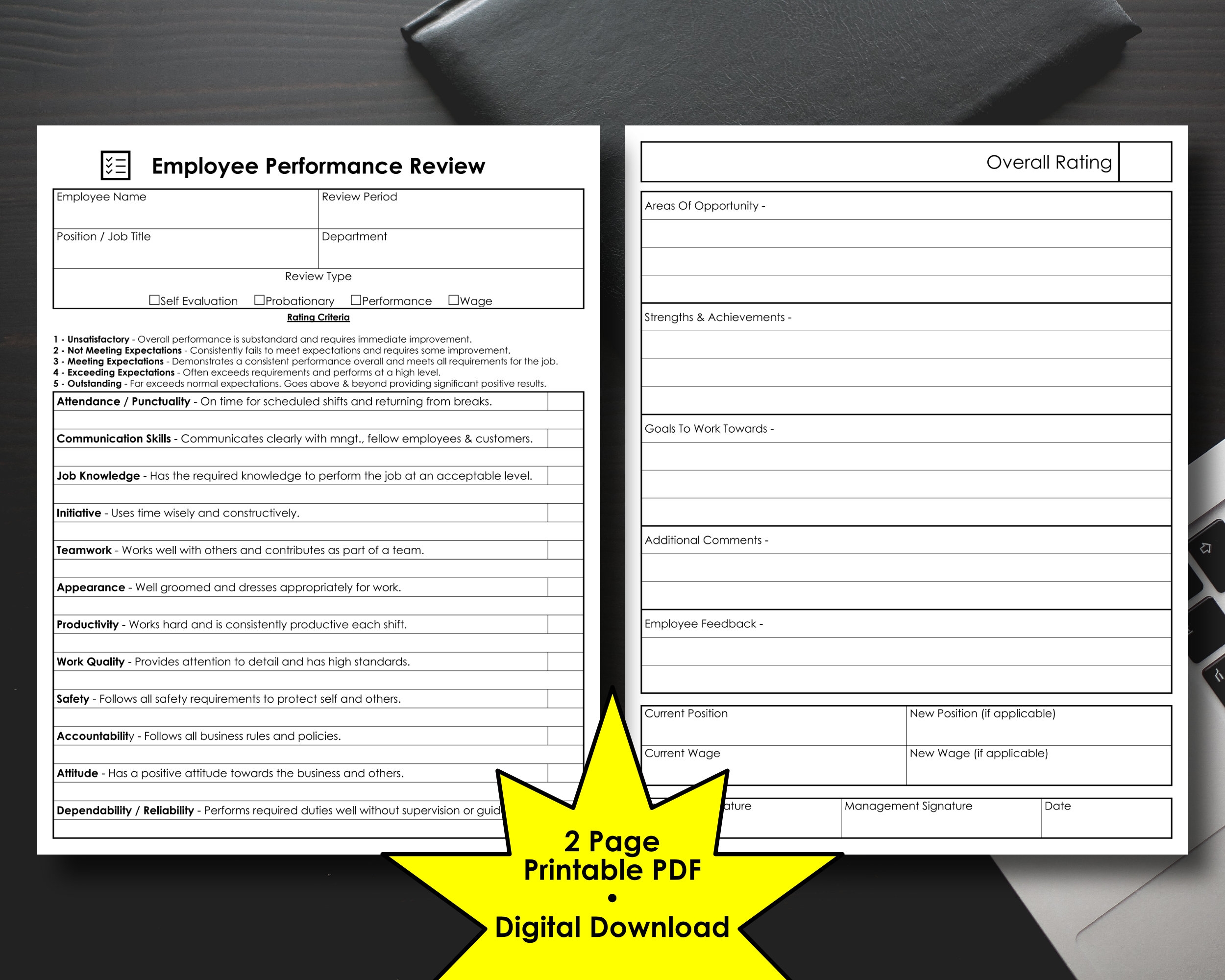 Employee Performance Review Form Employee Evaluation Form Deluxe 2 Page Version Printable PDF Instant Digital Download Etsy