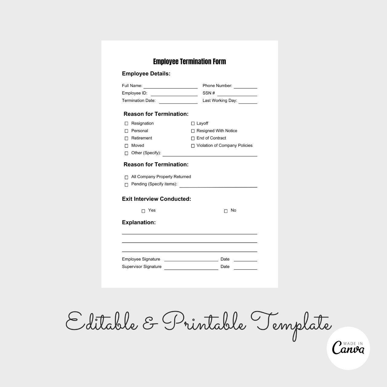 Employee Termination Form Printable Employee Termination Form HR Terminate Employee Form PDF