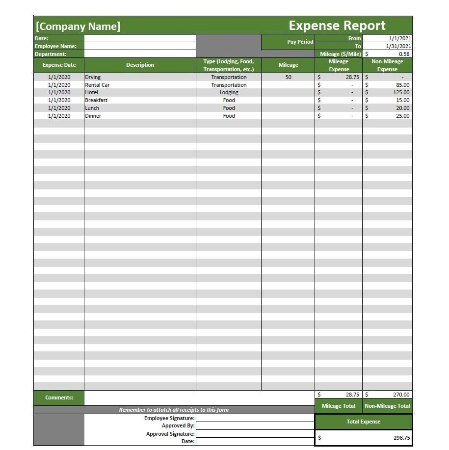 Expense Report Template Excel Editable Printable 
