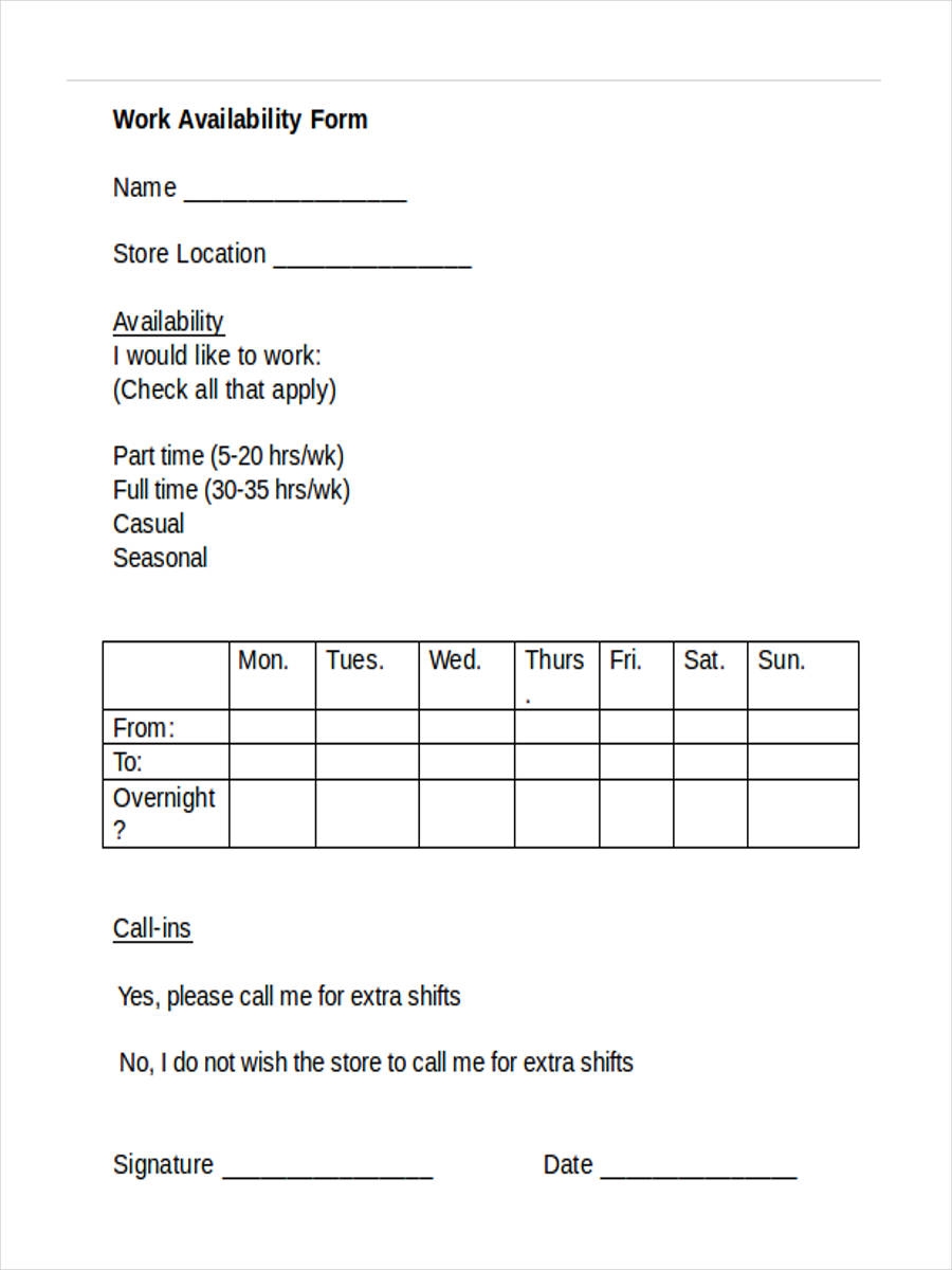 Free Employee Availability Form