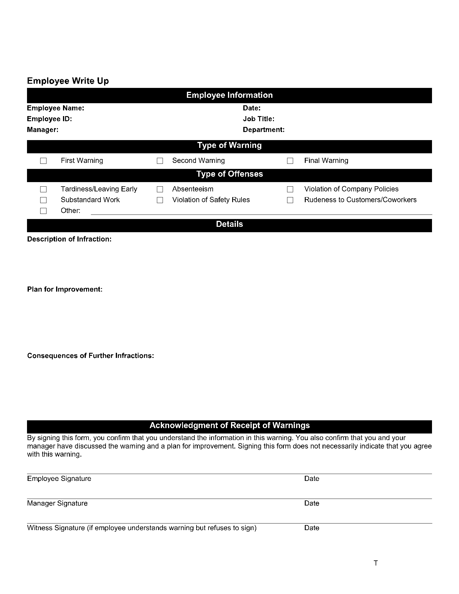Free Employee Write Up Forms 2021 PDF CocoSign