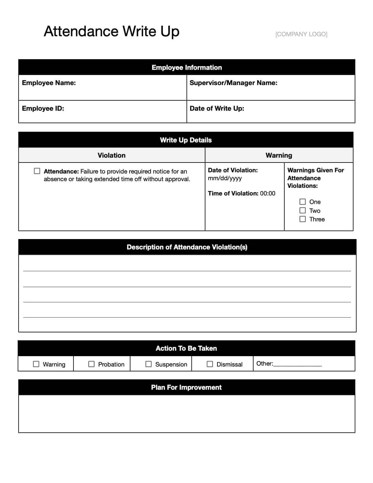 Free Employee Write Up Forms And Templates Download Print In