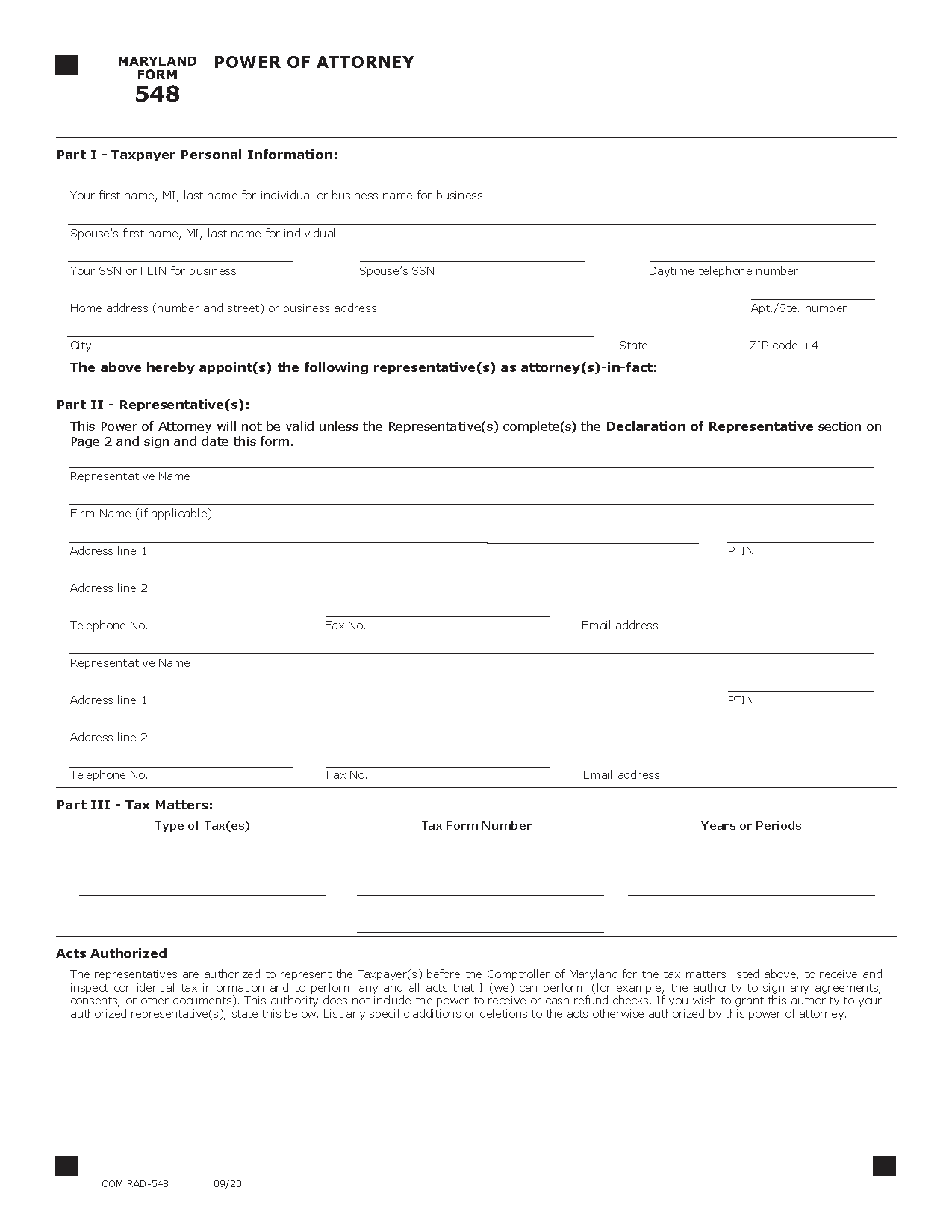Free Maryland Tax Power Of Attorney Form 548 PDF