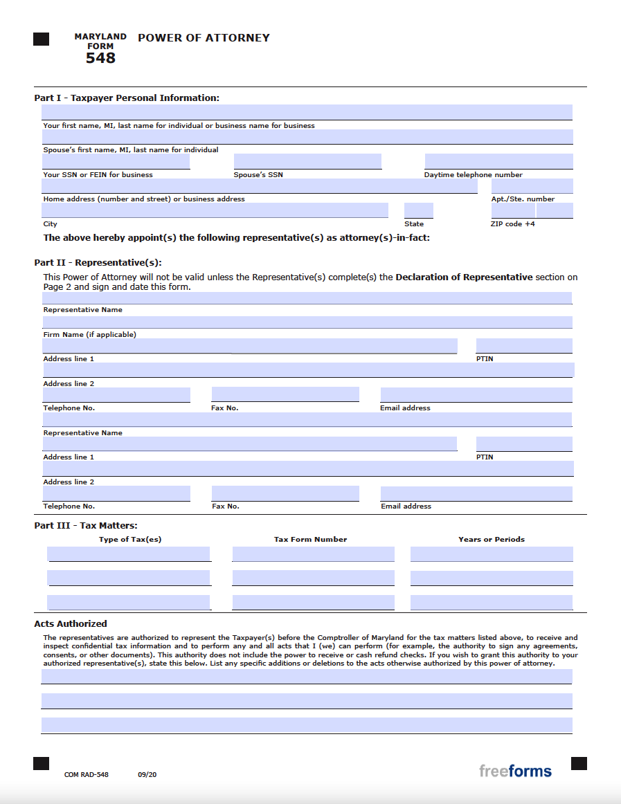 Free Maryland Tax Power Of Attorney Form PDF