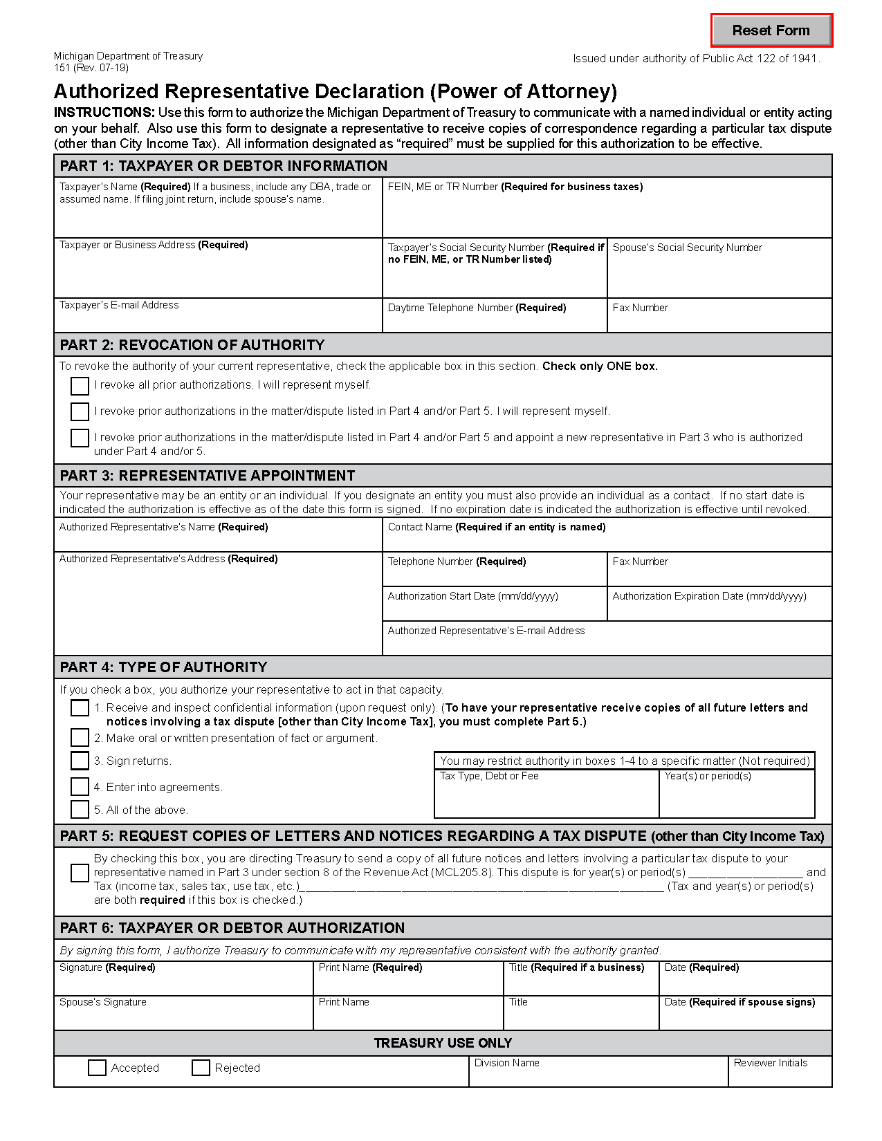 Free Michigan Tax Power Of Attorney Form 151 PDF