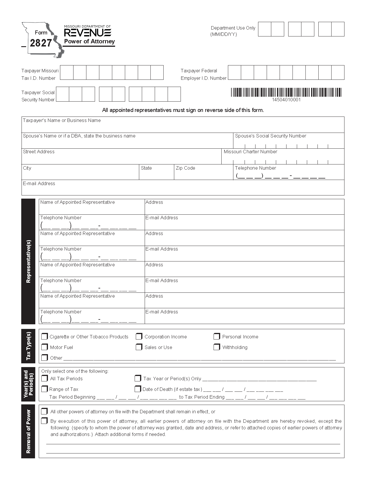 Free Missouri Tax Power Of Attorney Form 2827 PDF
