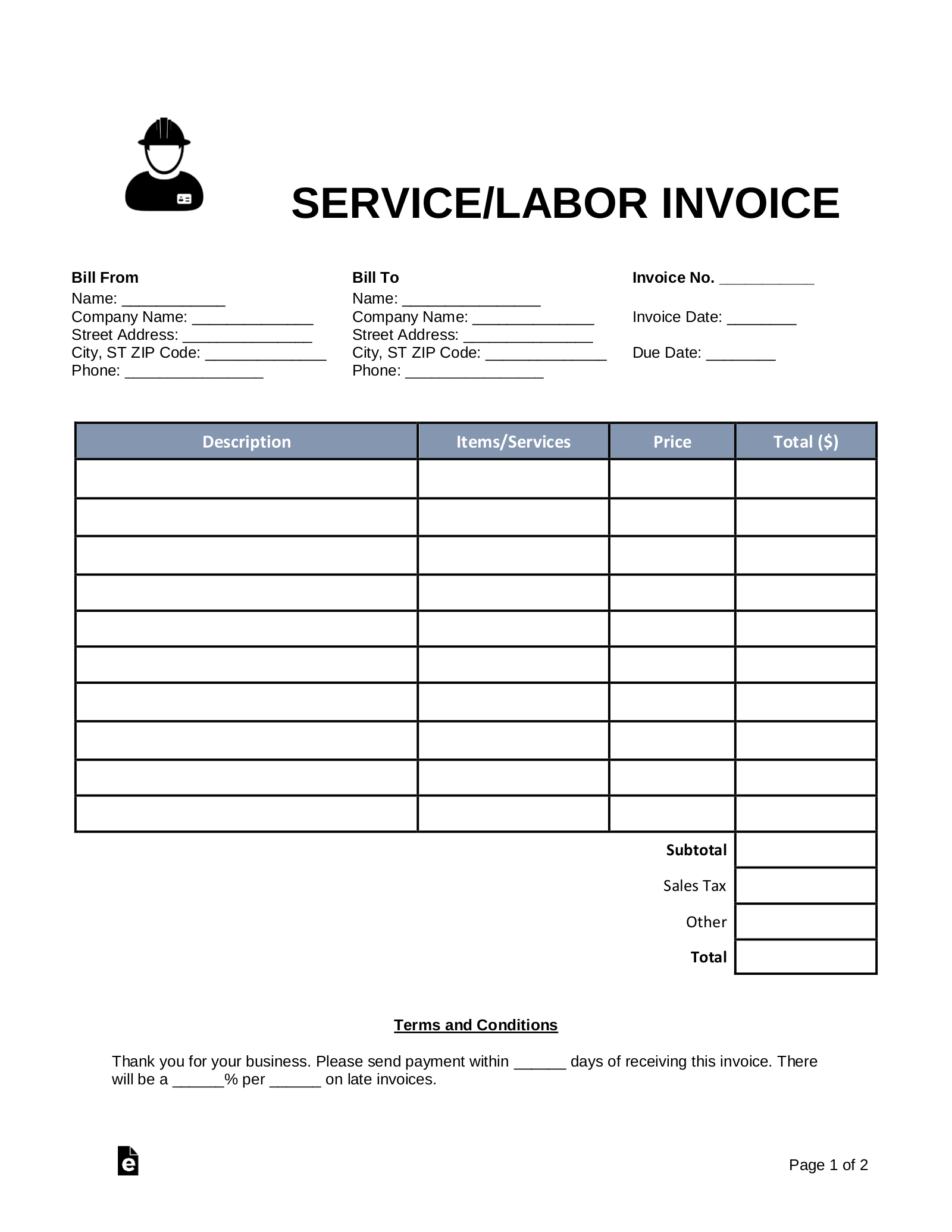 Free Service Labor Invoice Template PDF Word EForms