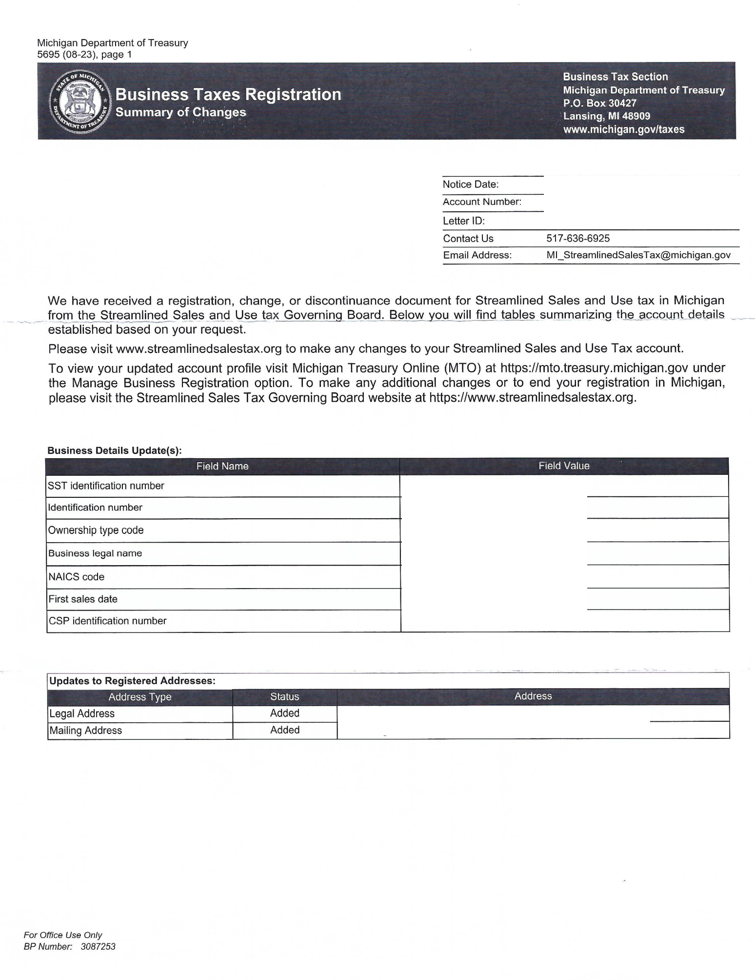 Michigan Business Taxes Registration Summary Of Changes TaxCloud Help Center