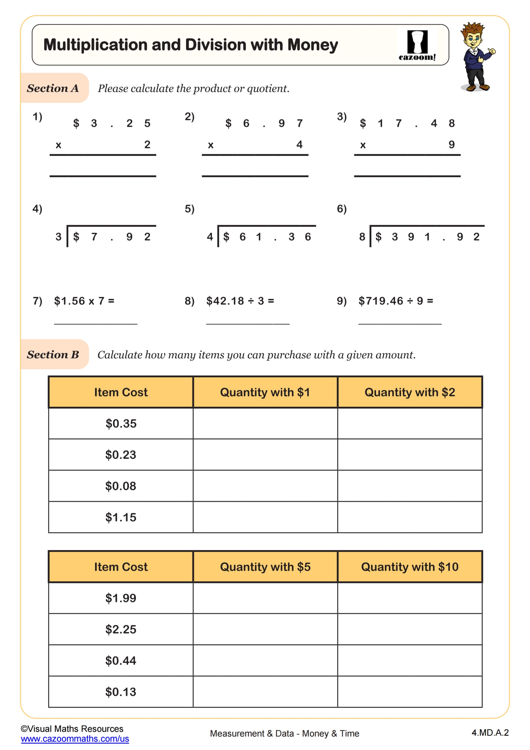 Multiplication U0026 Division With Money Worksheet PDF Printable Measurement U0026 Data Worksheet Cazoom Math