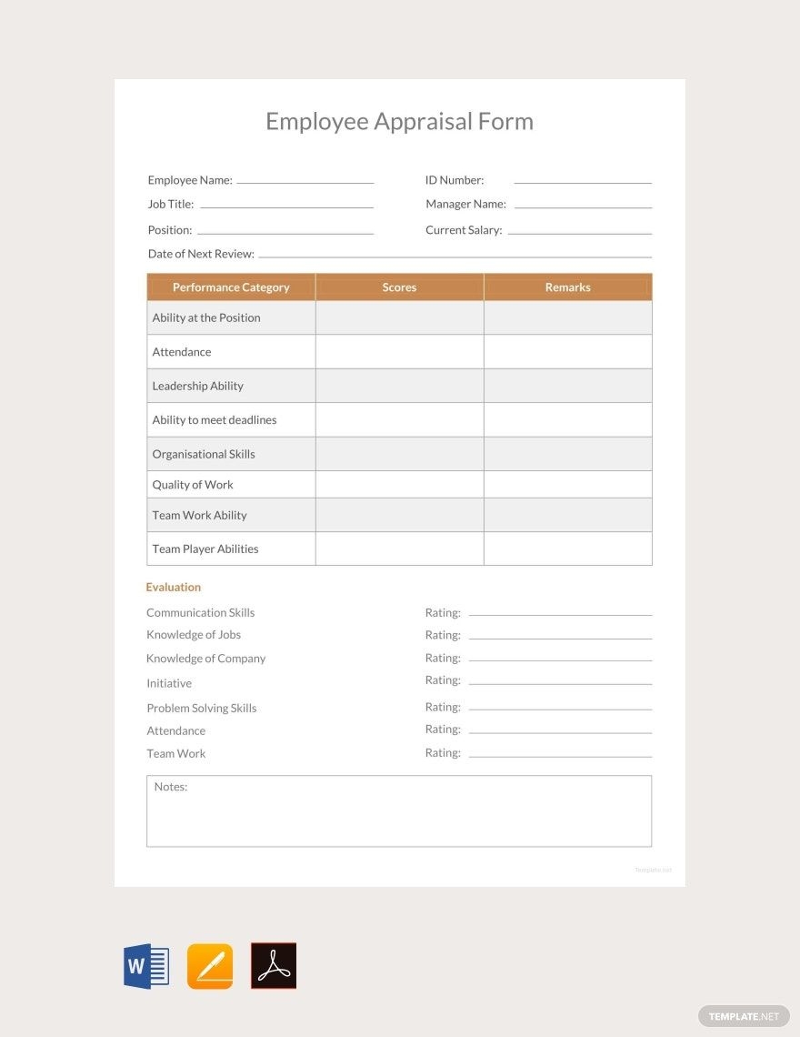 Printable Employee Appraisal Form Template In Word Pages PDF 