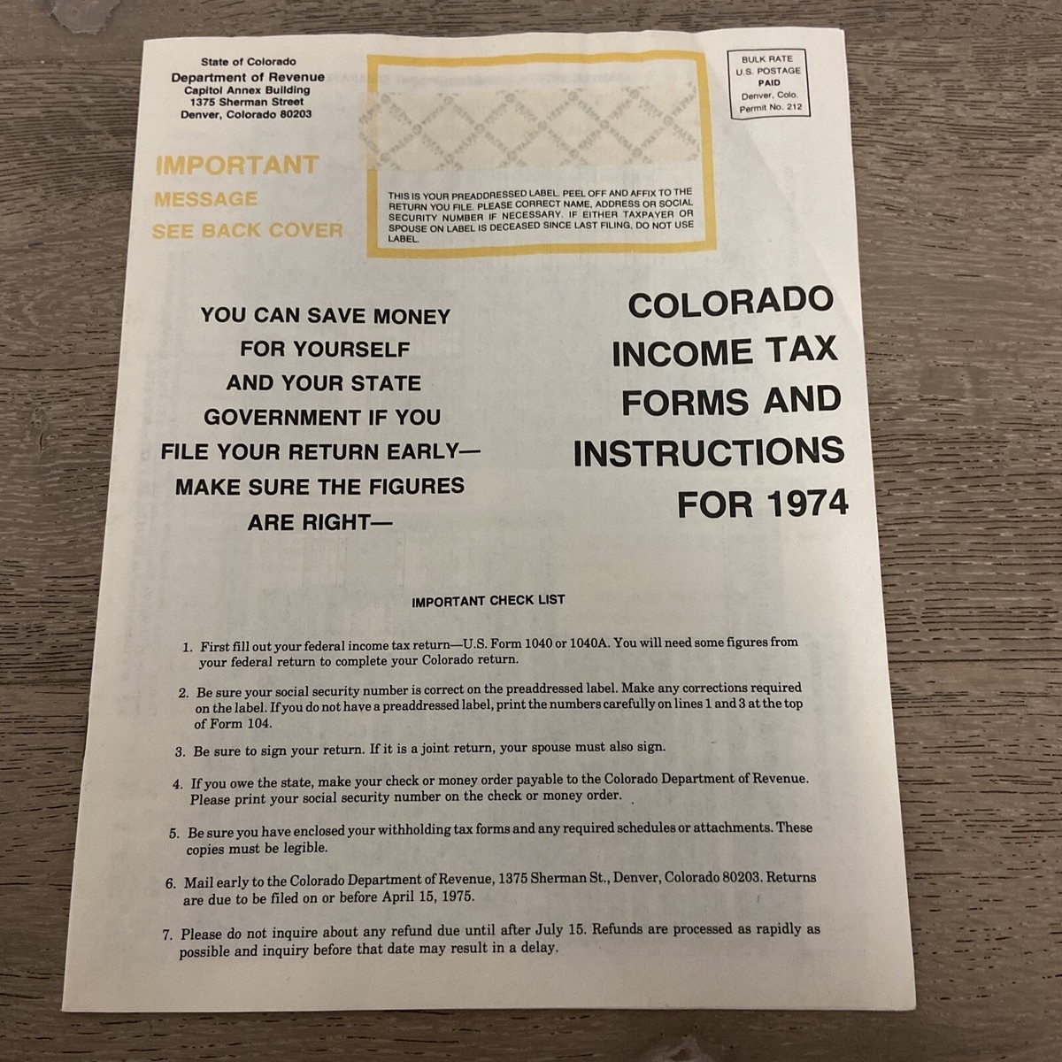 Vtg 1974 Colorado Income Tax Form Instructions Documents EBay
