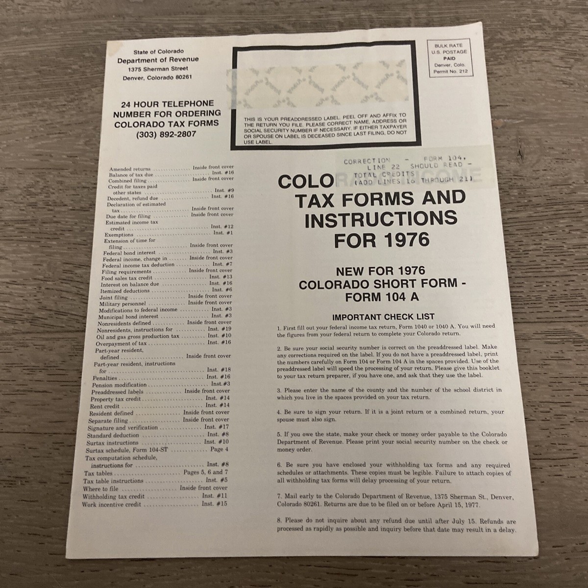 Vtg 1976 Colorado Income Tax Form Instructions Documents Form 